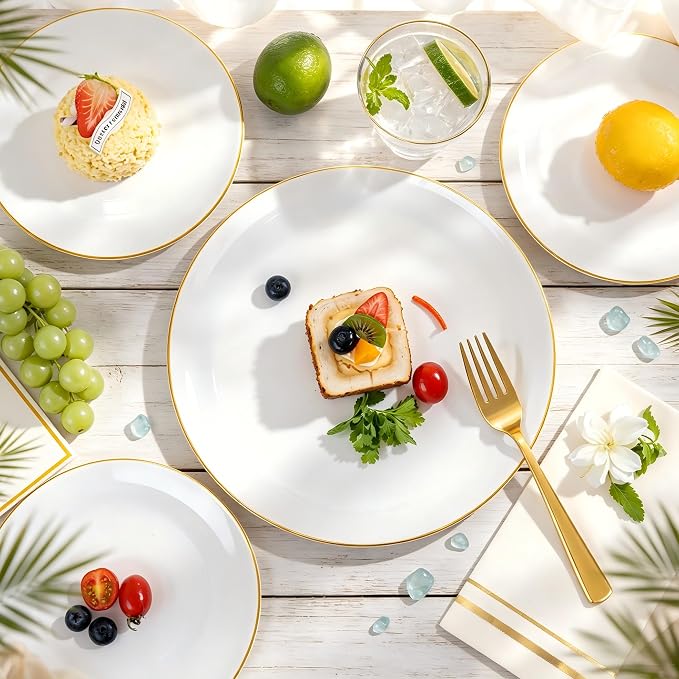 Festiva 350Pcs Gold Plastic Plates - White and Gold Dinnerware Set Disposable include 10" & 7" Plates,Cups,Silverware,Napkins -serve 50 Guests Perfect for Wedding& Easter&Birthday Party
