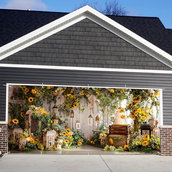 Sunflower Garage Door Banner 7x16ft Waterproof -Rustic Farmhouse Backdrop with Greenery,Wedding &Birthday Decor,Photo Booth Background