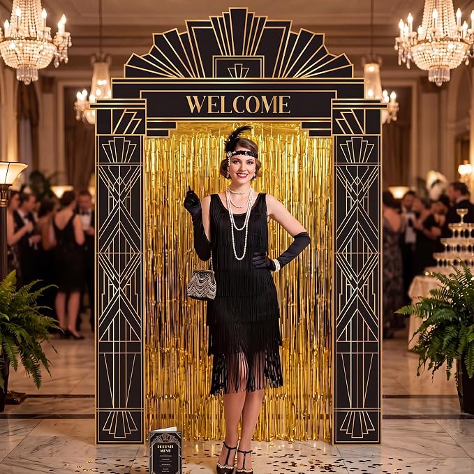 Peryiter 5 Pcs Roaring 20s Party Decorations Welcome Arch, Gold Fringe Curtain and Double Sided Tape for 1920s Theme Party Backdrop Photography Background