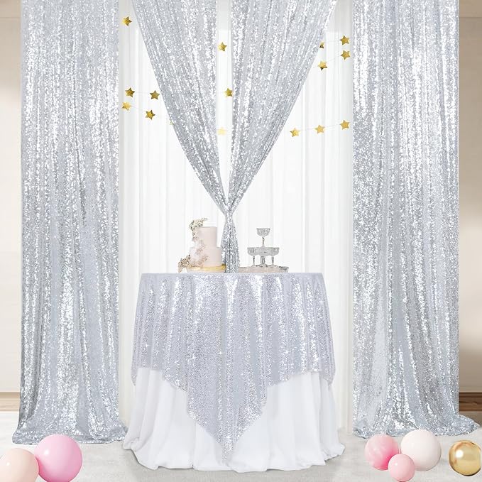 Poise3EHome Silver Sequin Tablecloth 90×90 Inch Square Sequin Fabric Table Cover Overlay for Christmas Baby Shower Birthday Party Wedding Holiday Cake Table Decoration
