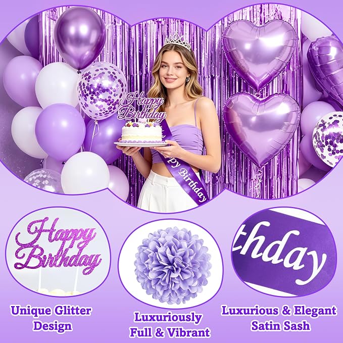 Purple Birthday Decorations, 50PCS Happy Birthday Decorations for Women Include Banner Balloons Sash Foil Fringe Curtain Paper Pompoms, Purple Party Decorations for Girls Women