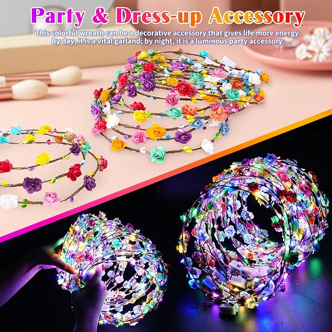 HONLYNE 24 PCS LED Flower Crowns Headbands, Light Up Flower Crowns for Women & Girls, Glow in The Dark Flower Hairbands Wreath for Wedding Beach Party Birthday Cosplay Gifts, Halloween, Christmas