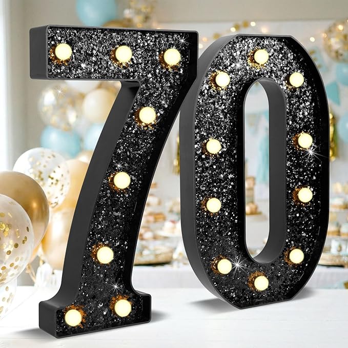 12.6 Inch LED Black Marquee Light Up Numbers, 70th Birthday Decorations Number Lights as Gifts for Women Men, Glitter Lighted Marquee Numbers for Black Anniversary Party Table Decor, 70