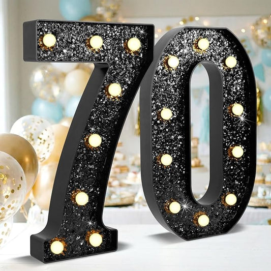 12.6 Inch LED Black Marquee Light Up Numbers, 70th Birthday Decorations Number Lights as Gifts for Women Men, Glitter Lighted Marquee Numbers for Black Anniversary Party Table Decor, 70