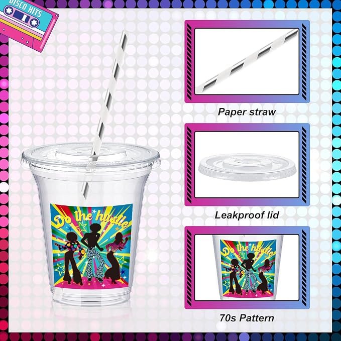 Qinyoung 60 Sets 14oz Disco Ball Plastic Cups with Lids and Straws, Bulk Party Supplies for 70s Theme, Bachelorette, Wedding, Bridal Shower, Birthday, Iced Coffee and Cocktail Glasses