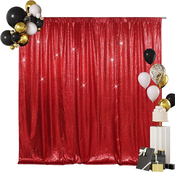 SquarePie 8x8ft Red Sequin Backdrop for Photography, Satin-Backed Real Sequin Curtain, Enhanced Coverage Shimmering Background with 4" Rod Pocket for Wedding, Birthday, Party Decor, 1 Panel