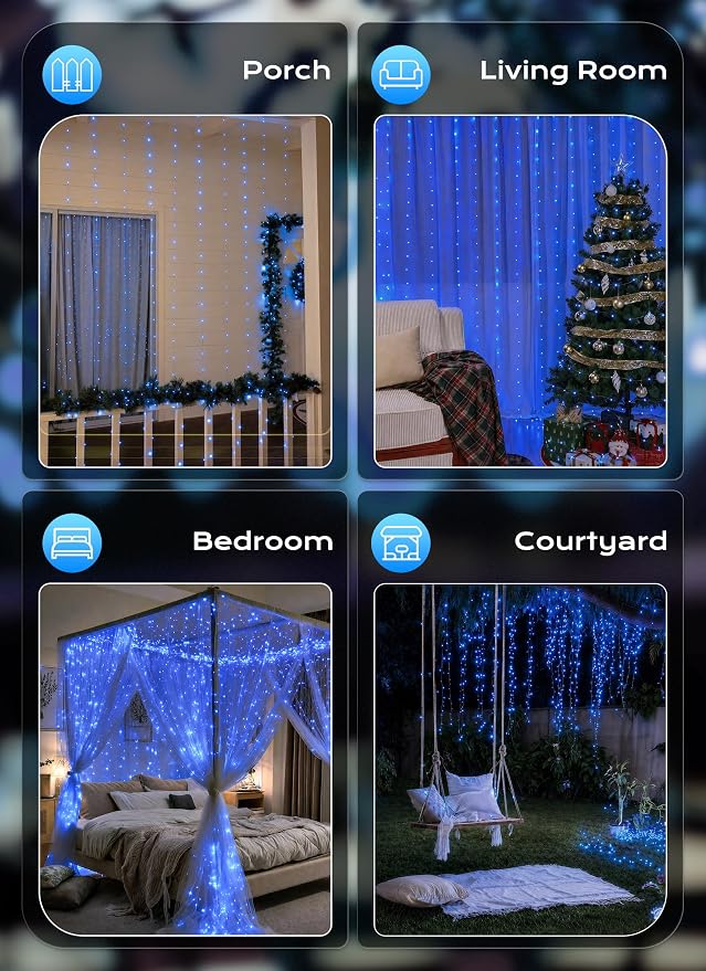 Brightown 300 LED Blue Fairy Curtain Lights, 9.8ft x 9.8ft String Lights, USB Plug in 8 Lighting Modes Christmas String Hanging Lights with Remote for Bedroom Indoor Outdoor Party Xmas Blue 1 Pack