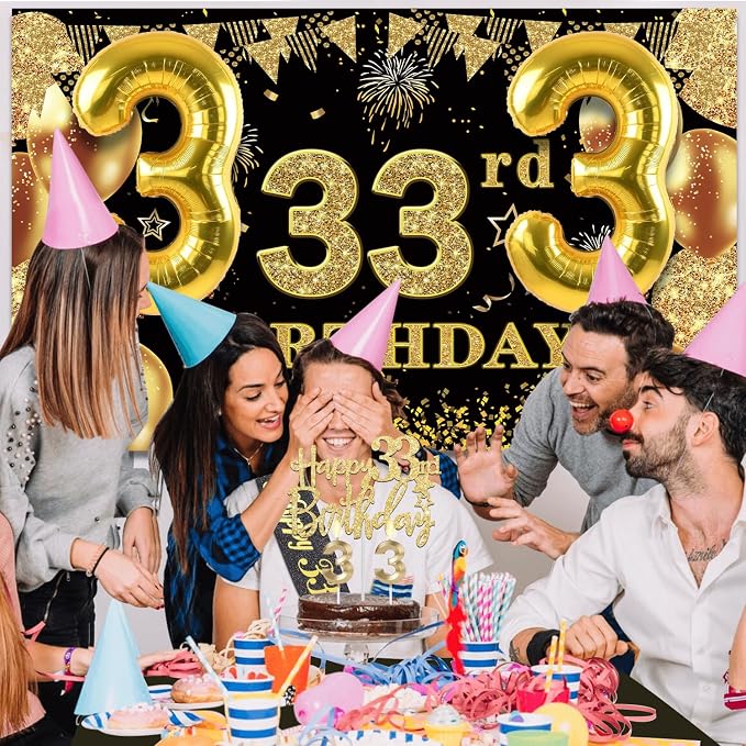33rd Birthday Decorations Men Women with 33rd Birthday Banner, Black and Gold Table Cloth, Number Balloons, Large Sash, Cake Topper and Candles