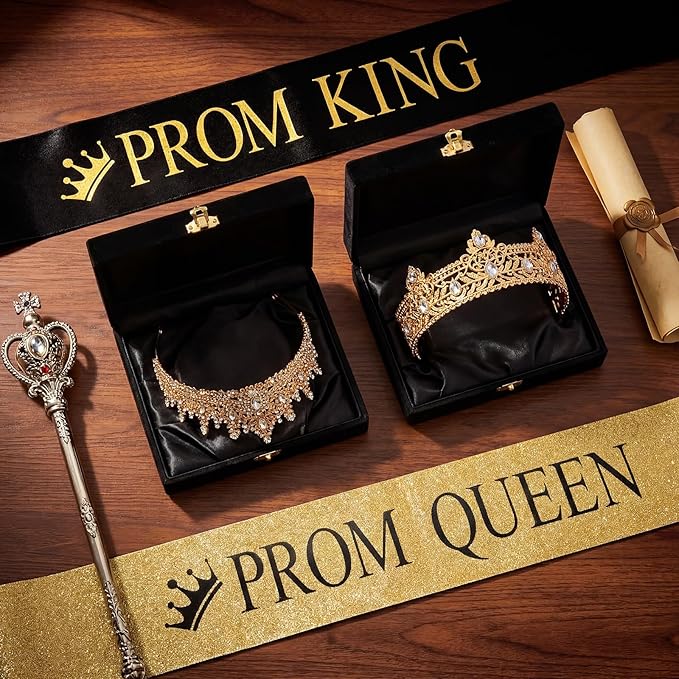 Retrowavy 4 Pcs Prom King and Queen Crown Set with Sashes Prom King Queen Sash and Tiara Set for 2026 Grad Birthday Carnival Wedding Costume Accessories(Gold)