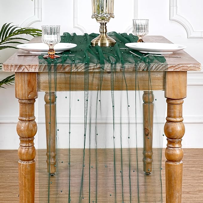 Pearl Tulle Table Runner Fabric: 10ft Seasonal Veil Dessert Lace Chiffon Boho Glitter Overlay Wedding Aisle Runner Party St. Patrick's Day Decorations Doilies Emerald Green