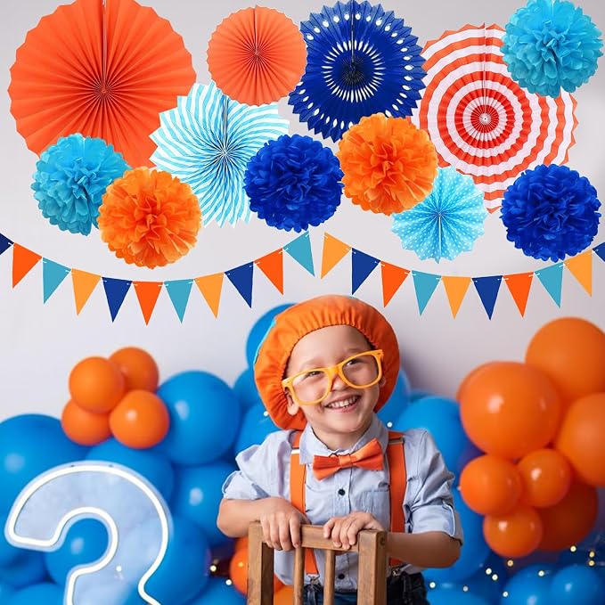Blue and Orange Party Decorations Set Kids Birthday Paper Fan Tissue Pom Poms Streamers Theme Party Supplies Tassel Garland Banner Blue Orange Party Supplies