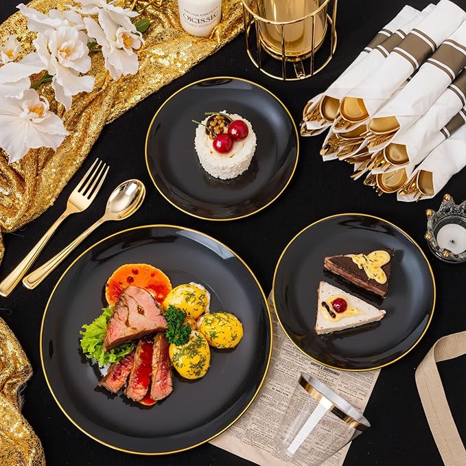 KIRE 175Pcs Black Plates Disposable - Heavy Duty Black and Gold Plastic Plates- 25 for Dinner 25 for Dessert 25 Pre Rolled Gold Silverware and 25 Cups for Graduation/Birthday Party/Wedding