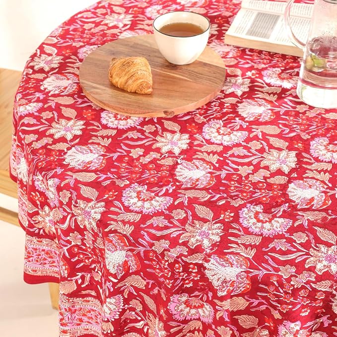 Hand Block Printed Tablecloth – Colorful Floral Print | 100% Cotton | Indian Artisan Handmade Art | Dining Room, Kitchen, Outdoor Décor, (Cherry Red, 8 Seater 90 Inches Round)