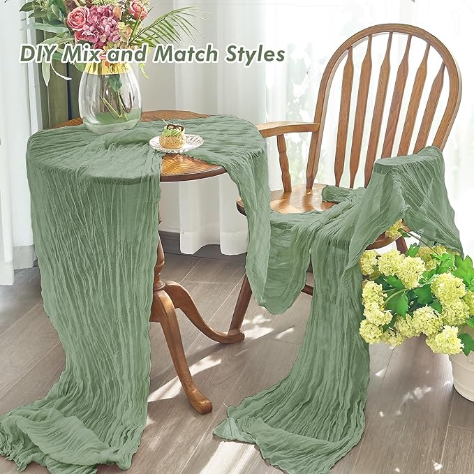 IVAPUPU 8 Pcs Cheesecloth Table Runner - 10ft Sage Green Spring Boho Gauze Cheese Cloth Table Runners for Baby Shower Decorations Wedding Party Garden Farmhouse