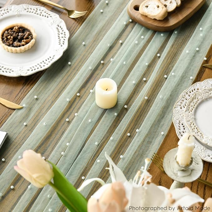 Artoid Mode 10PCS Pearl Grass Green Gauze Table Runner 120 Inch 10FT, Seasonal Sheer Dining Holiday Wedding Birthday Baby Shower Table Decor for Home Party