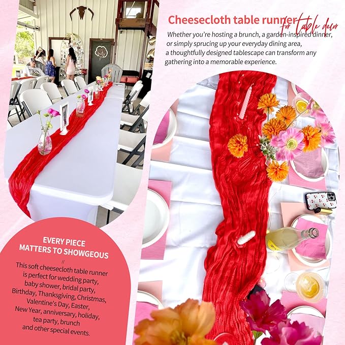 30 Pack Cheesecloth Table Runner 10FT Red Table Runner Boho Gauze Cheese Cloth Table Runners Long Rustic Sheer Table Decorations for Wedding Party Baby Bridal Shower Birthday Holiday Home