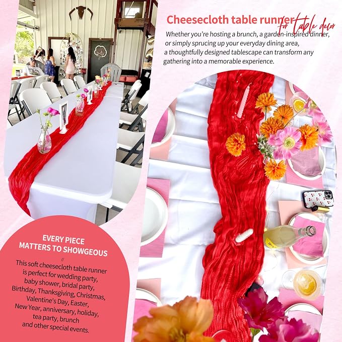 10 Pack Red Cheesecloth Table Runner 10FT Boho Gauze Cheese Cloth Table Runners Romantic Rustic Sheer Table Decorations for Wedding Party Baby Shower Birthday Holiday Home