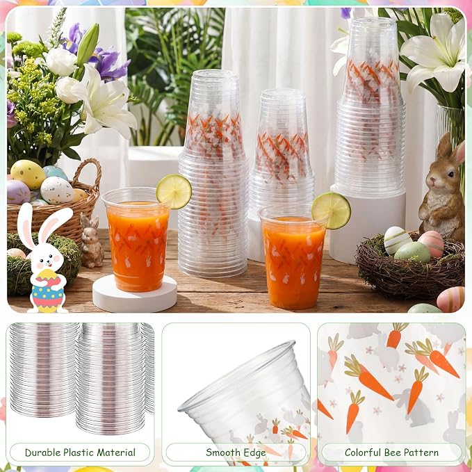 100 Pcs Plastic Cups 16 oz Disposable Carrot Bunny Party Cups Bulk Clear Cute Drinkware for Summer Party Supplies Spring Picnic Cold Drinks Snack