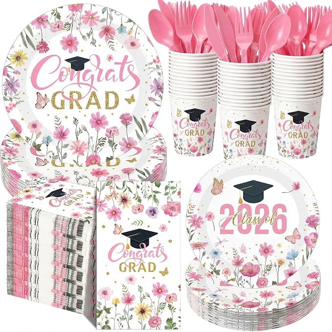 400 Pcs Class of 2026 Pink Floral Graduation Decoration for 50, Pink Gold Flower Graduation Paper Plates Napkins Cups Cutlery Congrats Grad Party Supply for Freshly Graduated Decoration