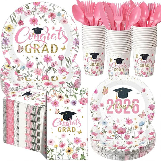 400 Pcs Class of 2026 Pink Floral Graduation Decoration for 50, Pink Gold Flower Graduation Paper Plates Napkins Cups Cutlery Congrats Grad Party Supply for Freshly Graduated Decoration