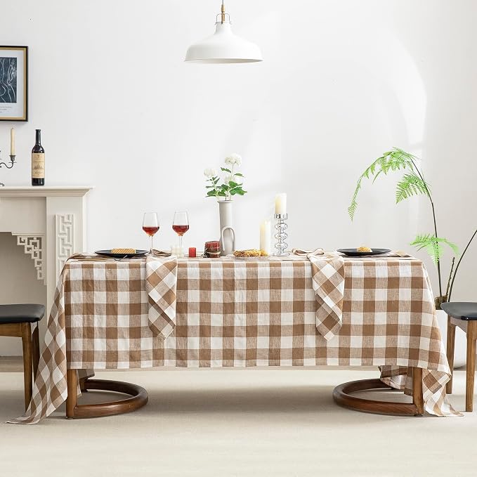 EVERLY 100% Yarn-Dyed Linen Rectangle Tablecloths 60x144Inches for Dining,Buffet Parties,Picnic,Events and Restaurants,Decorative Halloween,Thanksgiving Machine Washable Tablecloths-Brown Plaid