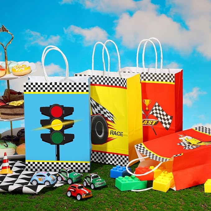 Outus 24 Pieces Race Car Party Favor Bags Car Birthday Party Supplies Goodie Gift Treat Bags with Handles for Checkered Flag Race Theme Two Fast Birthday Decorations Boy Gifts