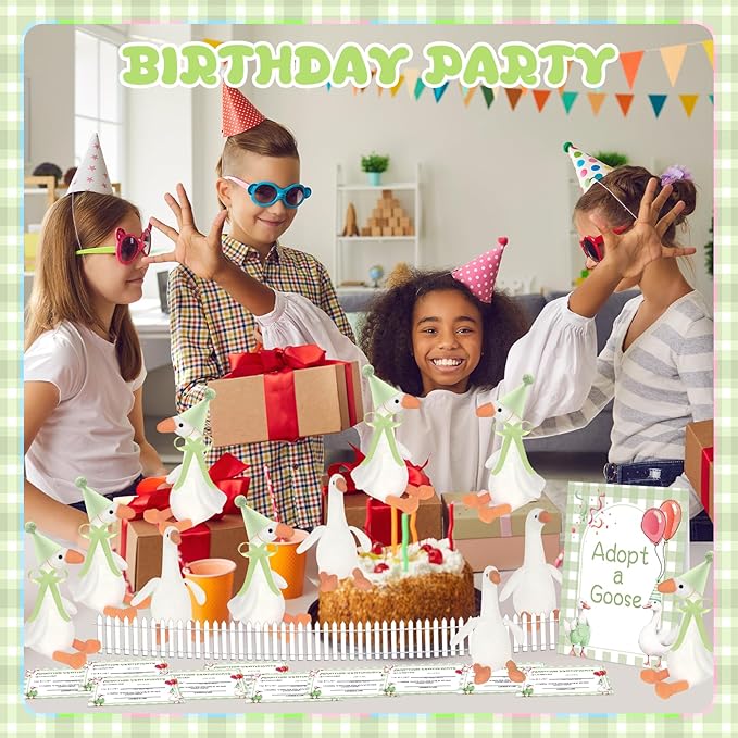 39 Pcs Adopt a Silly Goose Party Favor Include 12 Silly Goose Stuffed Animal 12 Mini Hat 12 Adoption Card 1 Adoption Sign 1 Ribbon 1 Fence for Baby Shower Party 1st Birthday Decoration