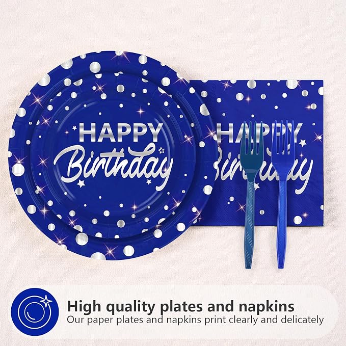 96Pcs Blue and Silver Birthday Party Decorations Silver Polka Dots on Blue Paper Plates and Napkins Disposable Tableware for Men Birthday Party Father's Day Graduation Decorations 2026 Serves 24