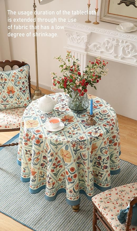 ISAENNE Designer Elegant Round Linen Tablecloth,Diameter 67"-Floralsea A | French Vintage Table Cloth,Colorful Floral Pattern,Beautiful,Decoration,Heavyweight,Dining Room,Kitchen,Thanksgiving