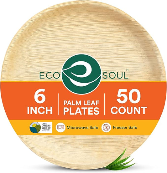ECO SOUL Palm Leaf Like Bamboo Plates, 6 Inch Round, 50 Pack Bulk Disposable Appetizer & Dessert Tableware, Compostable Biodegradable Natural Wooden Small Party Plates for Wedding, Catering, Events