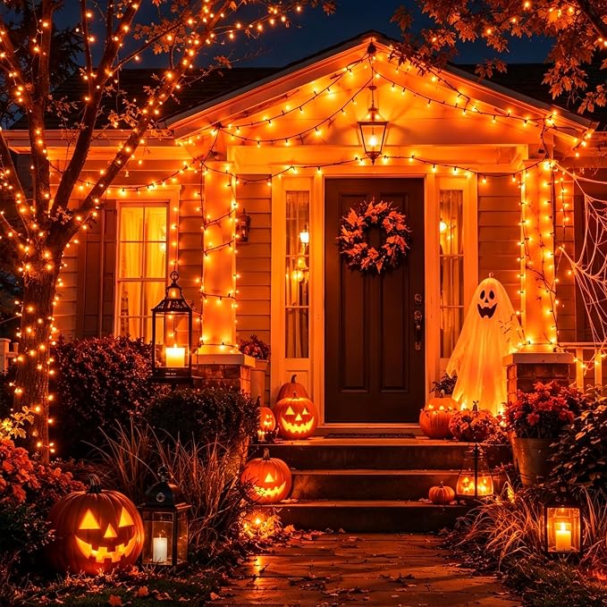QITONG Solar Halloween String Lights, 2 Pack Each 33ft 100 LED Orange Fairy Lights Outdoor Waterproof, Green Wire Twinkle Light with 8 Modes for Outside Halloween Party Decor