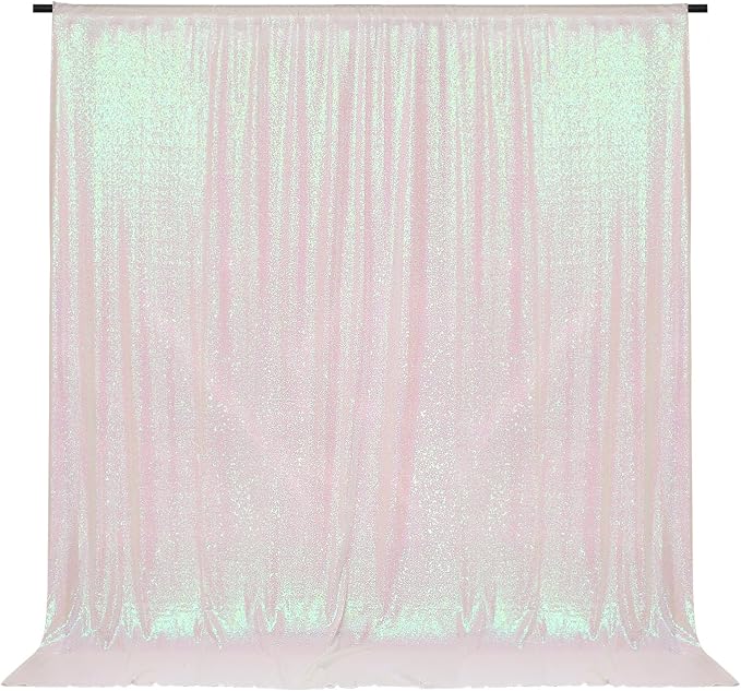 PartyDelight Iridescent White Sequin Backdrop 6x8ft 4 Inch Rod Pocket | Iridescent white 3mm sequins show pink and purple tones under light on mesh backing for photos arches stages and party walls