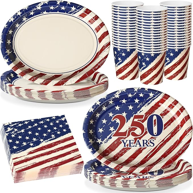 Vesici 150 Pcs 250th Anniversary Oval Paper Plates and Napkins Set 10'' x 12'' Large USA 4th of July Tableware Patriotic Disposable Paper Plate Cup Napkin Independence Memorial Day Party Supply
