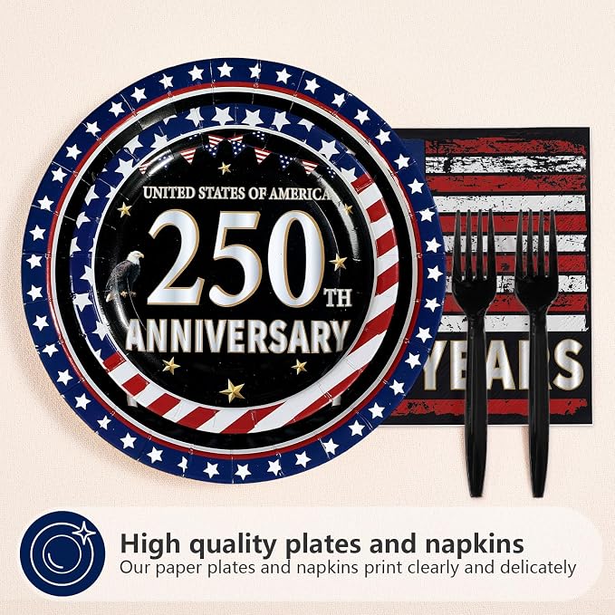 96 Pcs 250 Anniversary USA Party Decorations Patriotic Red and Blue America Flag Plates and Napkins Disposable 4th of July Tableware for USA 250th Patriotic Independence Day Party Supplies Serves 24