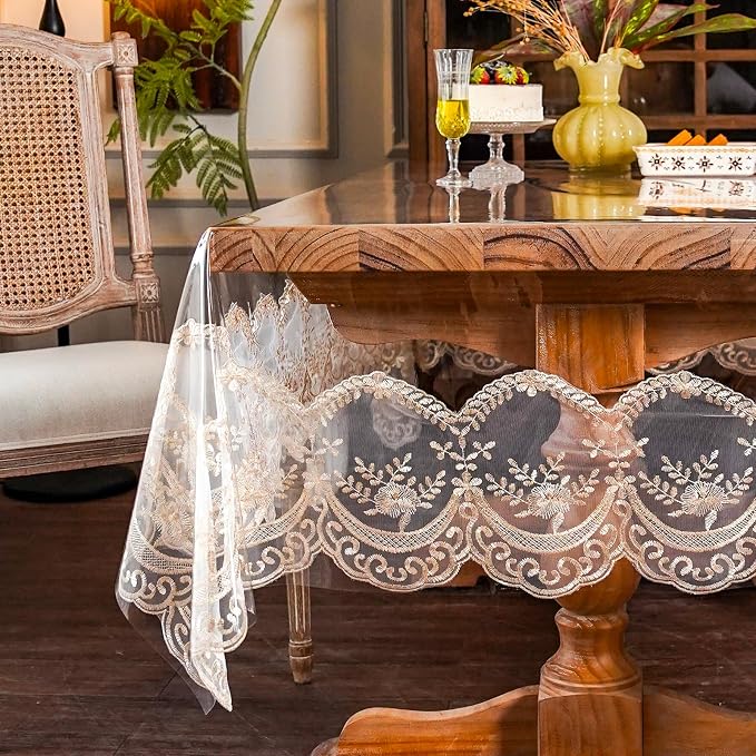 ARTABLE Vinyl PVC Rectangle Tablecloth Waterproof Clear Table Cover with Champagne Lace Macrame Border for Wedding Kitchen Home Outdoor Indoor Holidays Party Decor (Champagne-1, 60 x 104 Inch)