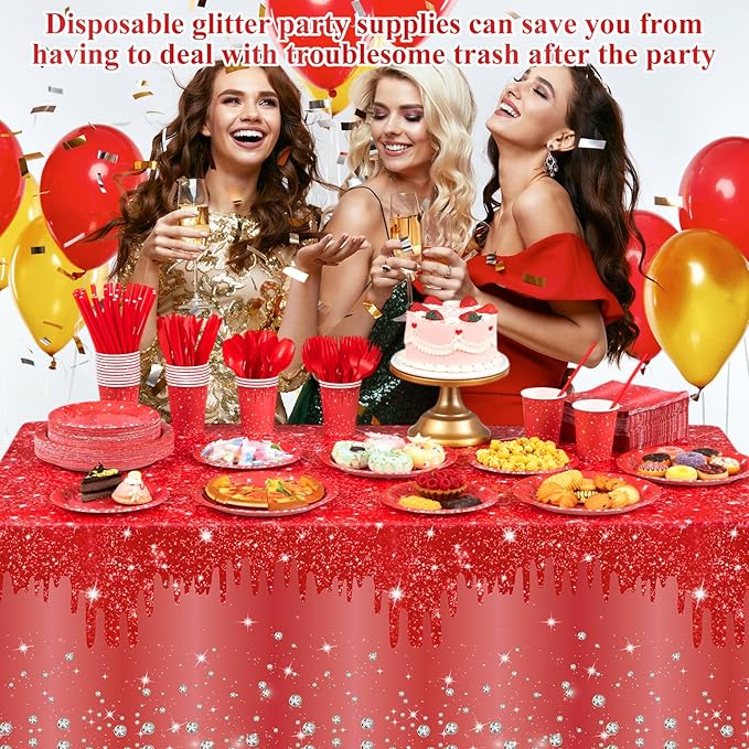 452 Pcs Red Birthday Party Decoration for 50 Guest, Red Diamond Glitter Paper Plates Napkins Cups Tablecloth Cutlery Straws Tableware for Birthday Wedding Baby Shower Graduation Party Supply