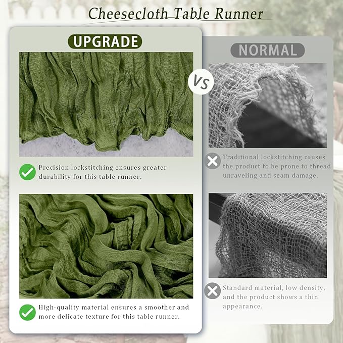 10 Pack Olive Green Cheesecloth Table Runner 17x108 Inch Semi Sheer Boho Rustic Gauze Cheese Cloth Table Runners for Wedding Party Birthday Baby Shower Home Décor