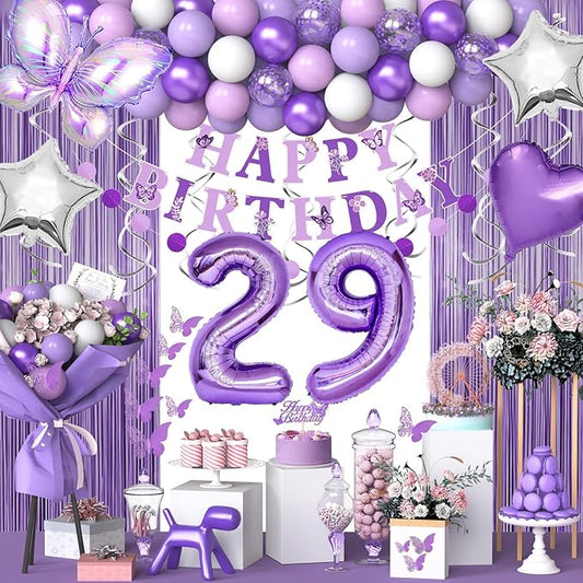 29th Purple Birthday Decorations for Women, Purple Pink 29th Birthday Decorations Butterfly Theme Lavender Party Decor Set with Number Balloons, Banner, Sash, Butterfly Stickers