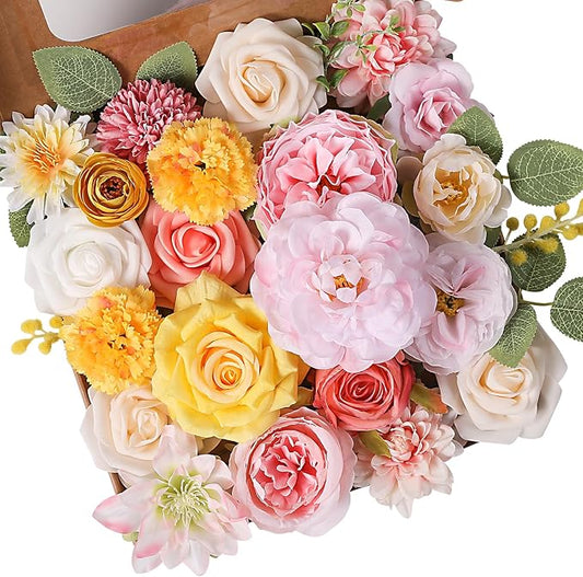 Garisey Artificial Flowers Combo, Mix Silk Flowers Roses, Peonies, Dahlias with Stems for DIY Wedding Bridal Bouquet, Baby Shower, Table Centerpieces, Home Decor, Floral Arrangements-Pink Yellow