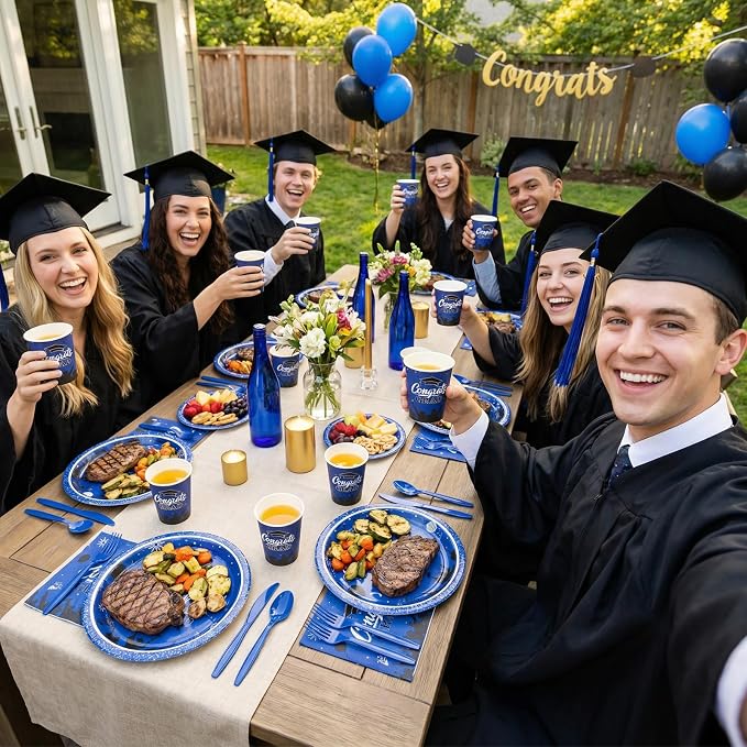 Goodluck Blue 2026 Congrats Grad Disposable Paper Tableware Sets, 350PCS Graduation Party Supplies Includes 9" & 7" Disposable Graduation Paper Plates, 9oz Cups, Napkins & Cutlery for 50 Guests