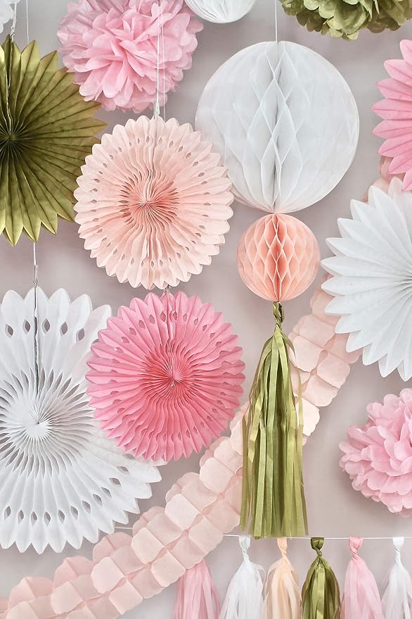 Eco Friendly Paper Party Decoration Set - 45 Pieces, Golden Blush - Plastic-Free FSC Sustainable Recyclable Reusable Pack