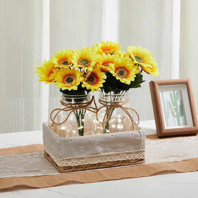 Mason Jar with Lights Decorative Centerpieces for Tables Mason Jars Flowers Decorations LED Farmhouse Vase for Home Wedding Event Party Decor(Sunflower,Yellow,4 Sets)