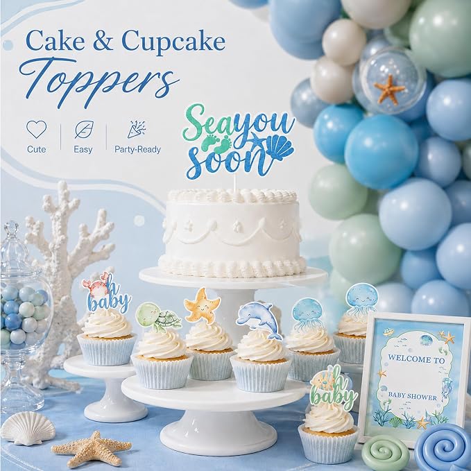 Under the Sea Baby Shower Decorations, All-in-One Sea You Soon Baby Shower Boy Party Decoration Kit with Balloon Arch Backdrop for Summer UnderWater Ocean Animal Theme Baby Shower Decorations Boys