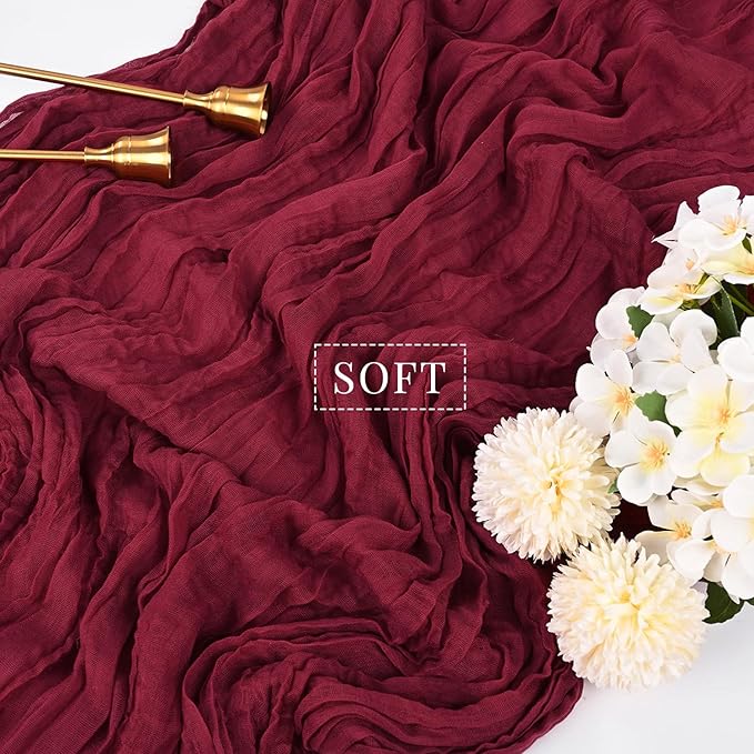 10FT 12 Pcs Burgundy Cheesecloth Table Runner Gauze Fabric Boho Cheese Cloth Table Runner Rustic Semi Sheer Runner for Wedding Holiday Bridal Shower Birthday Party Table Decor (35 x 120 Inches Long)