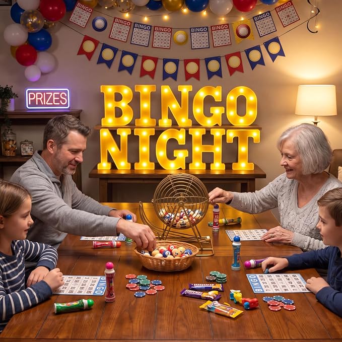 Honoson 10 Pcs Bingo Night Decorations Lights up Sign 6.42 Inch Bingo Theme LED Neon Sign Marquee Lights Supplies for Family Game Night Birthday Party Decor