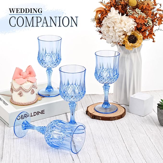 48Pack Blue Plastic Wine Glasses,Vintage Plastic Goblets for Parties, Light Blue Drinking Glasses Crystal Water Goblets Reusable for Wedding Reception, Grand Event Party Supplies