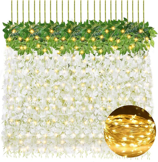 12 PCS Wisteria Hanging Flowers, 3.6ft Fake Vines Artificial Wisteria Garland Silk Flower String for Wedding Arch Garden Party Home Ceiling Wall Backdrop Tent Decoration (White)