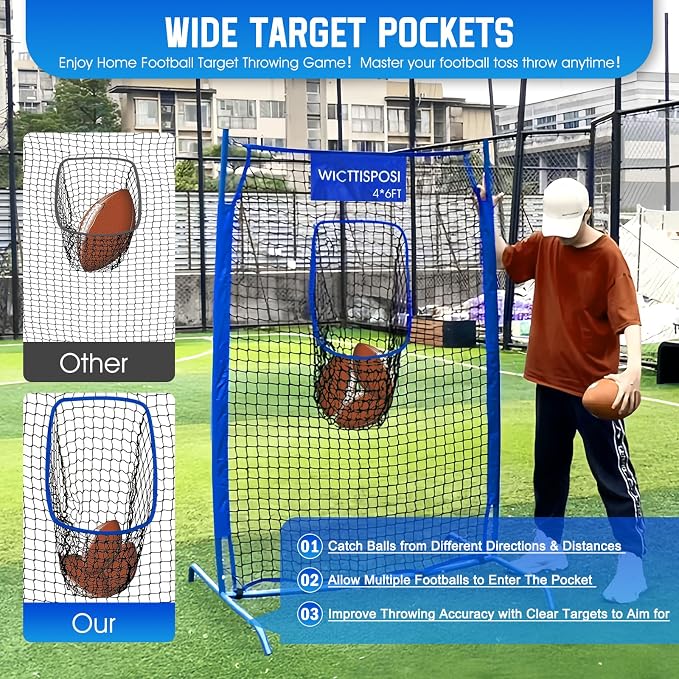 Football Throwing Net, Upgrade Heavy Duty Metal Frame Quarterback Training Equipment Throwing Machine with 1-4 Targets, Easy Setup Football Target Practice with CarryBag, Allweather Indoor Outdoor Use