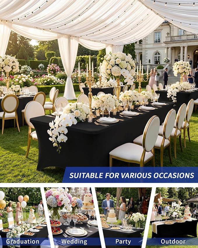 Fixwal Black Tablecloths for 8 Foot Rectangle Tables, 4 Pack Spandex Stretch Fitted Table Covers for Party, Trade Show, Banquet, Wedding, Buffet