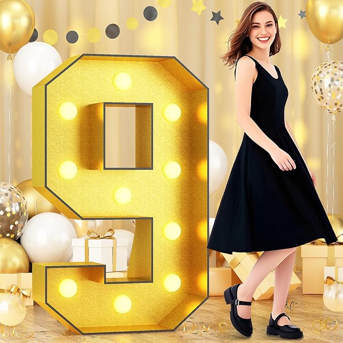 4FT Light Up Numbers 9, Glitter Gold Large Light Up Number 9 Frame Marquee Mosaic Numbers for 9th Birthday, Giant Number 4 Feet Tall DIY Frame Pre-Cut Foam Board Kit for Graduation Anniversary